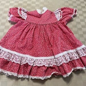 Bryan Red White Girl Flowers‎ Lace Dress Size 3T Short Sleeve USA Cotton Vintage